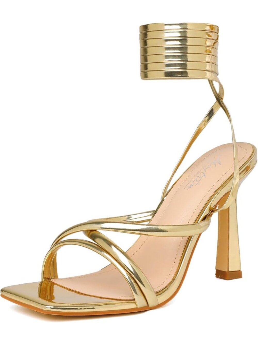 Women's Gold Strappy Heels Lace Up Square Open Toe Heels Tie Up High Heels